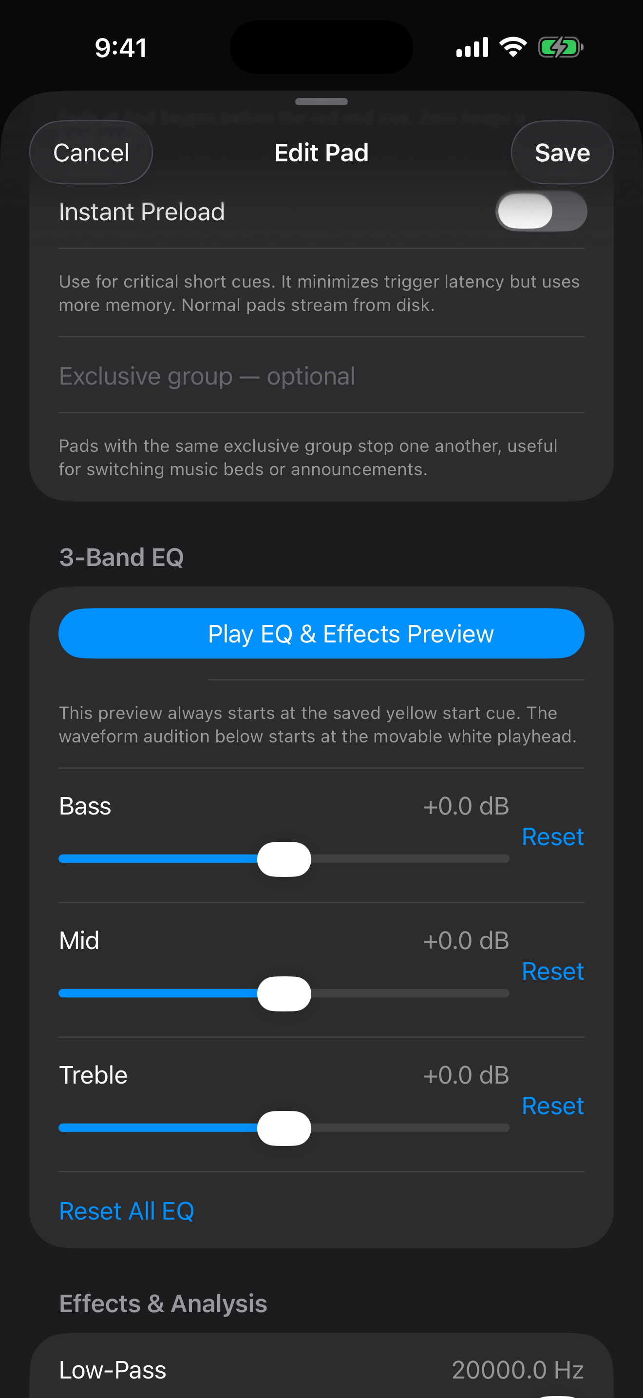 Dark SoundCues iPhone editor with 3-band EQ and effects preview controls