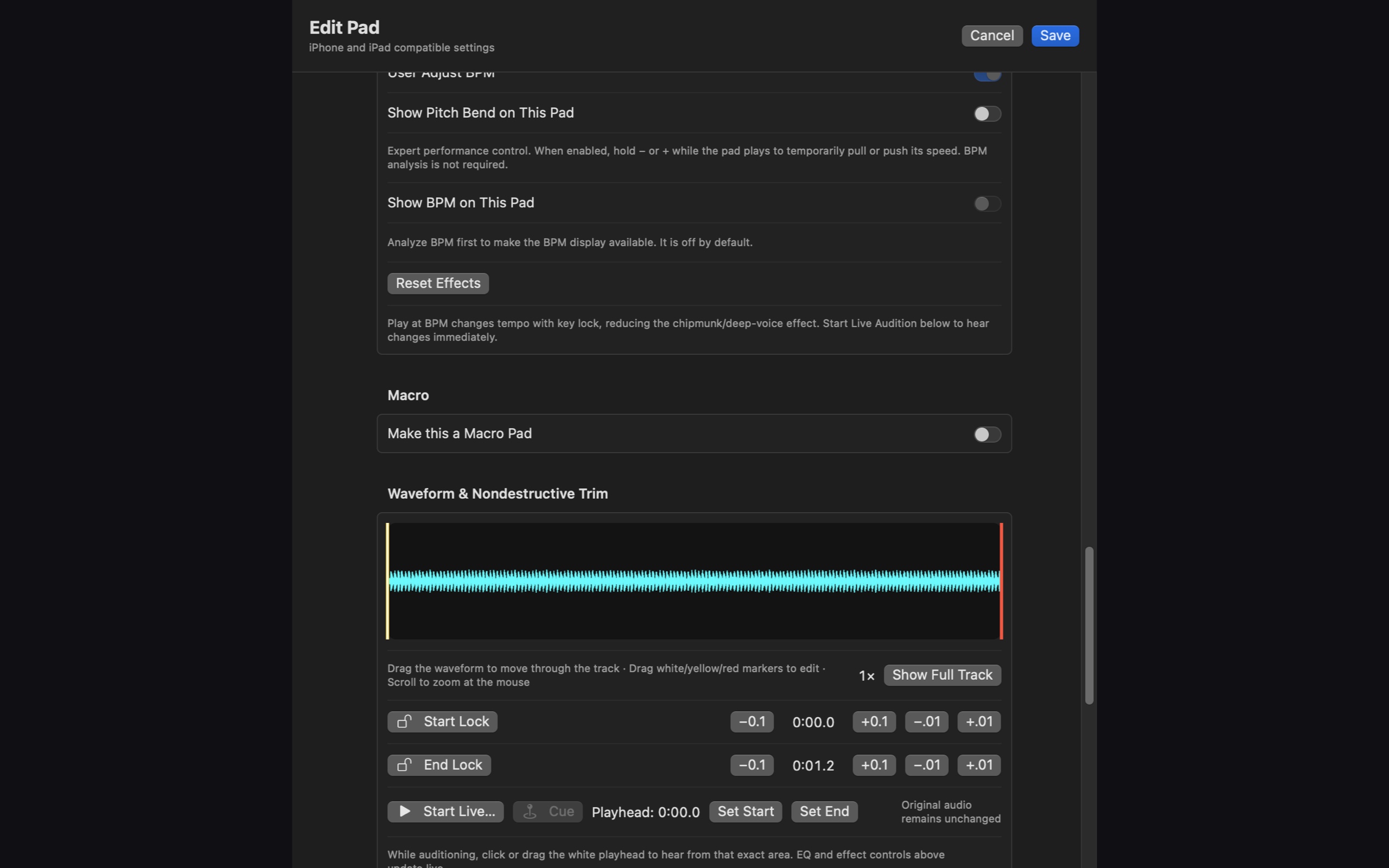 Dark SoundCues Mac editor showing BPM display and waveform trim controls